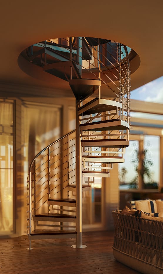 Stainless steel Multi-Line spiral staircase with wood treads and multi-line rod railing in a sunlit interior