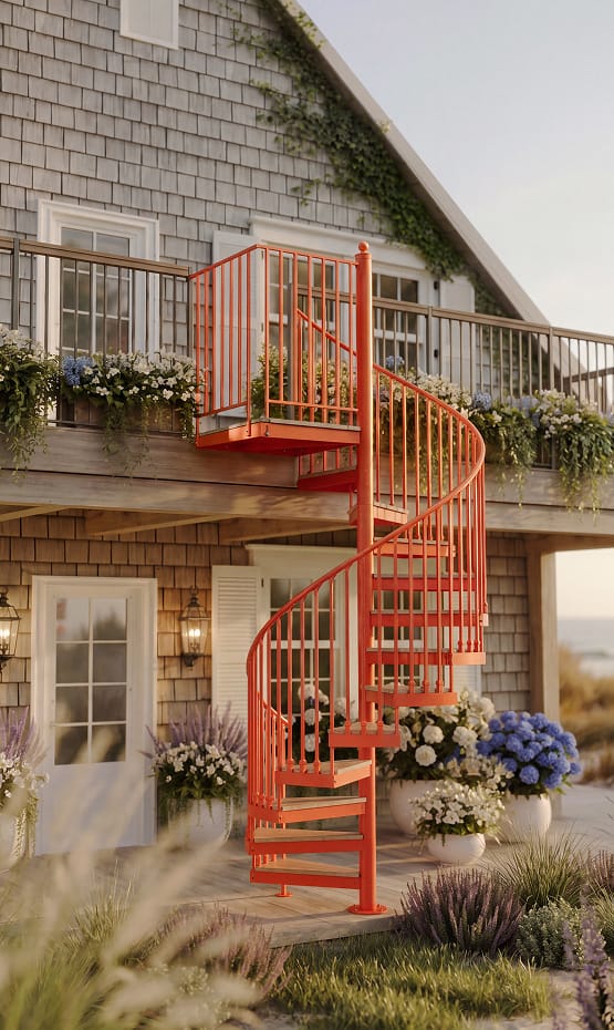 Coral orange powder-coated spiral staircase connecting an outdoor deck to a shingle-style coastal home