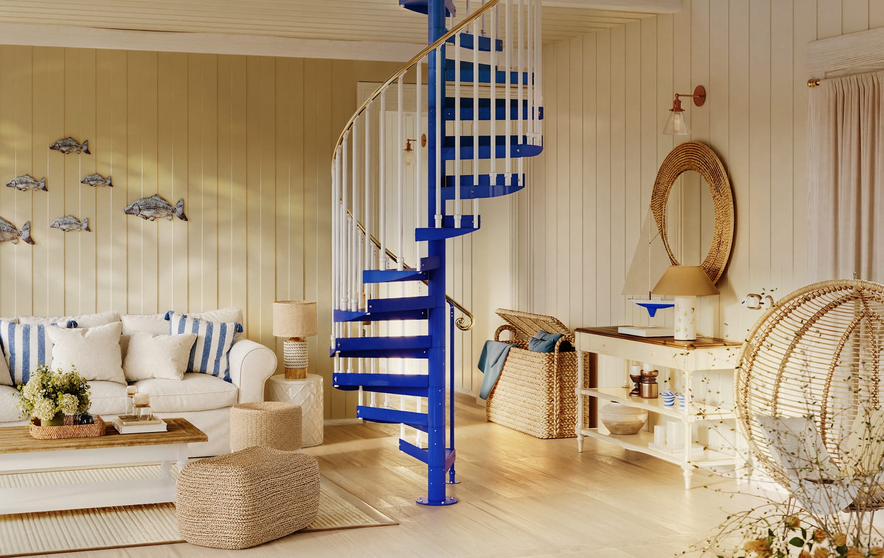Blue aluminum spiral staircase with white spindle railing and a brass handrail in a coastal-style living room