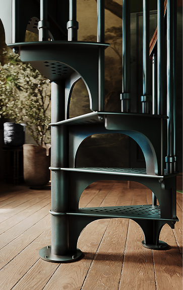 American Industrial spiral staircase perforated steel tread with arched riser bracket detail