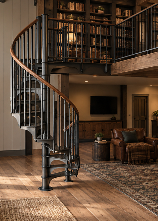 American Industrial spiral staircase with a wood handrail in a barndominium home library loft with built-in bookshelves