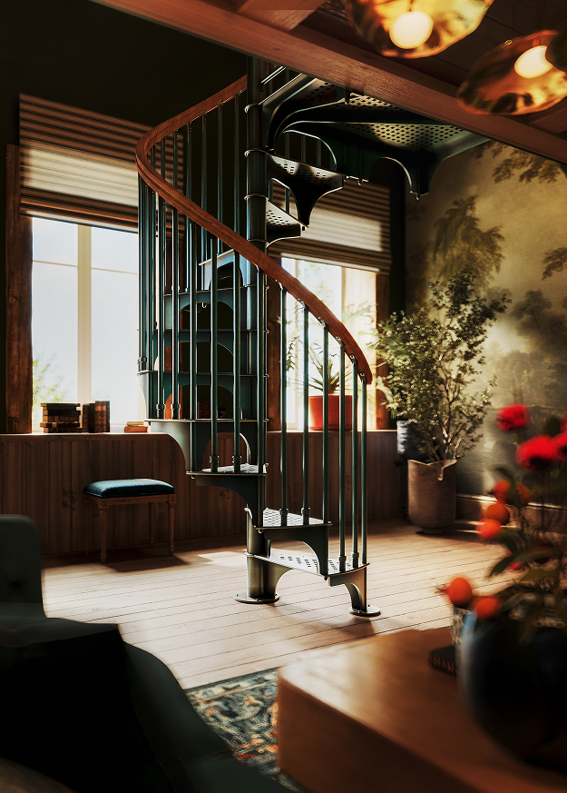 American Industrial spiral staircase with a curved wood handrail in a sunlit reading nook with tall windows