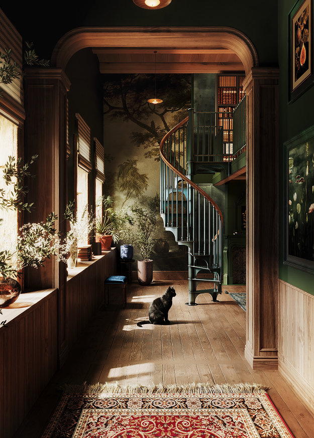 American Industrial spiral staircase framed by an archway leading into a home library hallway