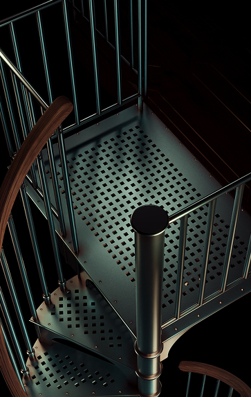 American Industrial spiral staircase perforated steel landing, overhead detail view