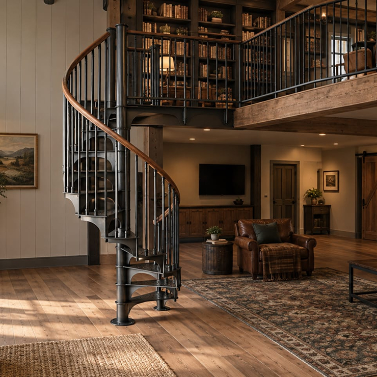 Black metal spiral staircase with wood handrail in a barndominium living room, leading up to a loft library with exposed wood beams
