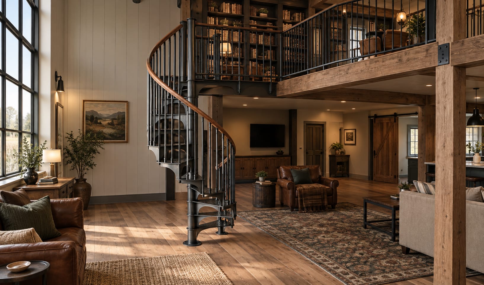 Black metal spiral staircase with wood handrail in a barndominium living room, leading up to a loft library with exposed wood beams