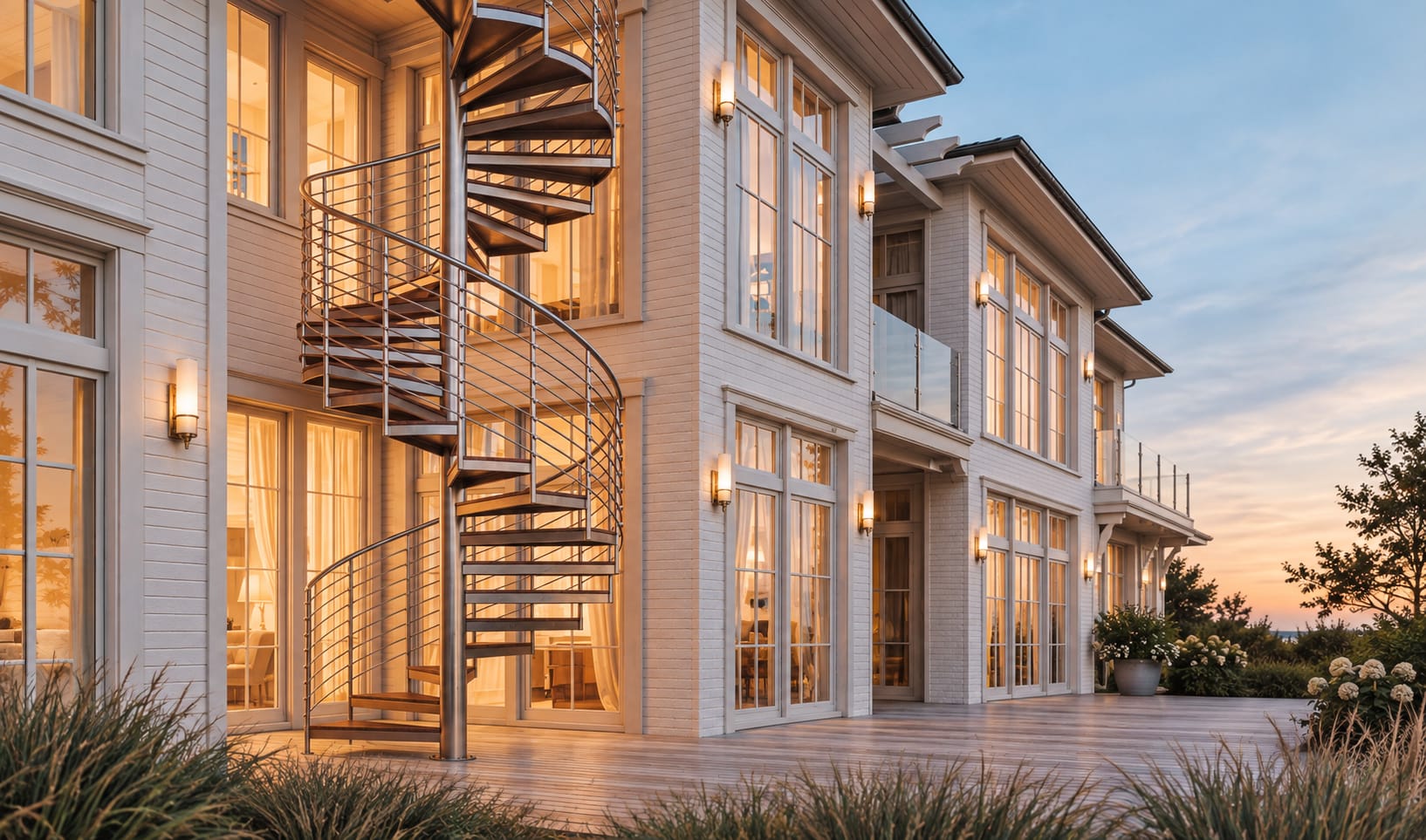 Exterior metal spiral staircase with wood treads on a white coastal home, with a deck and ocean view at sunset
