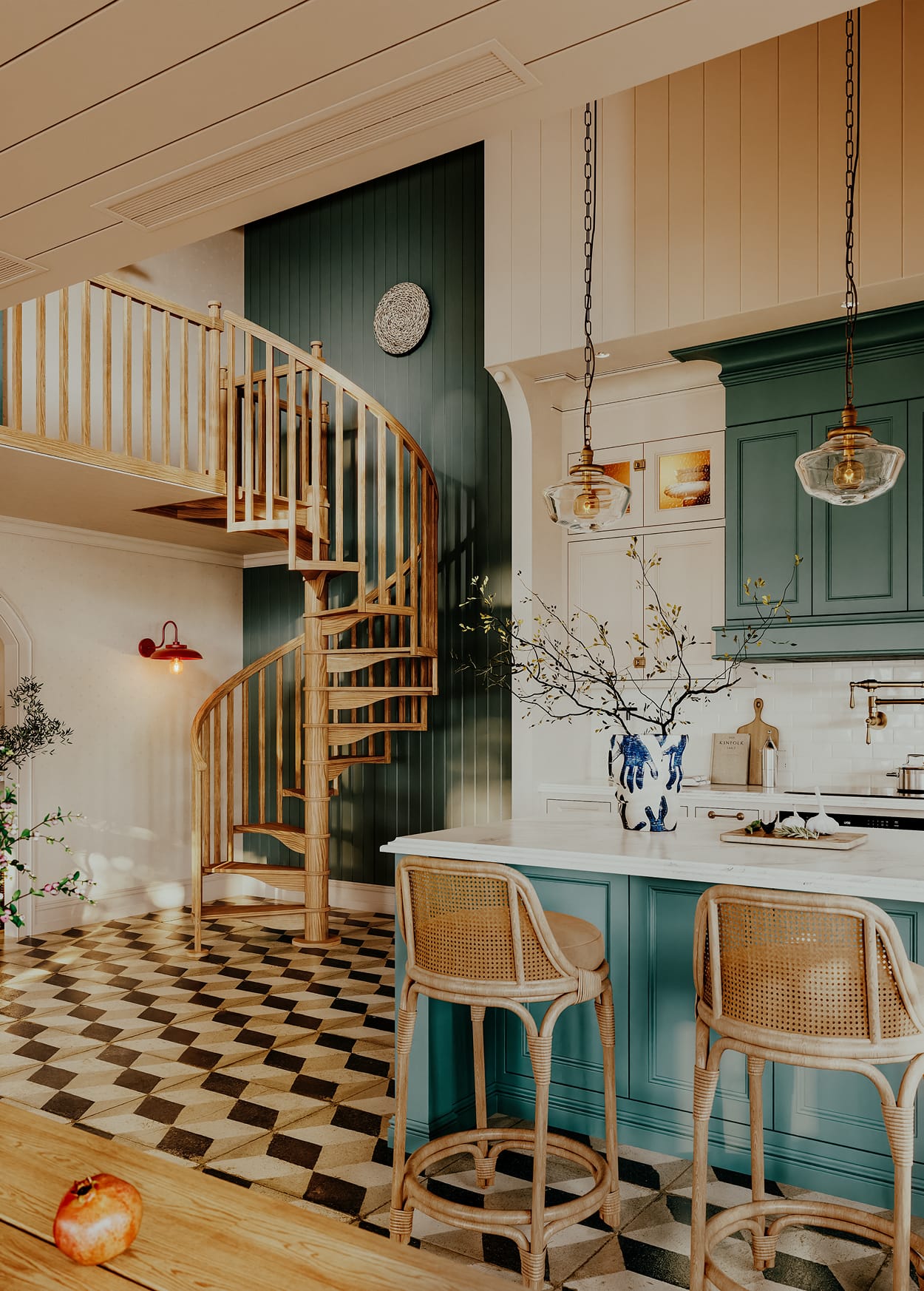 Carpenter oak spiral staircase in an open kitchen with a loft landing and checkerboard tile floor