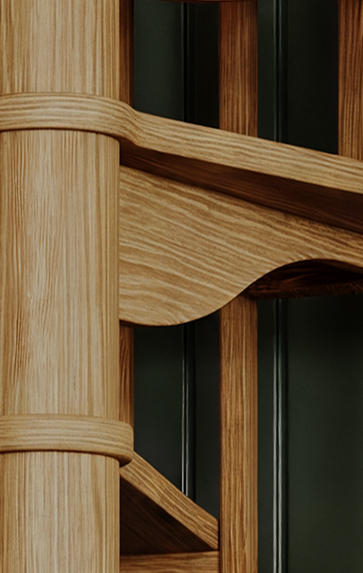 Carpenter spiral staircase featuring oak treads and tread collars
