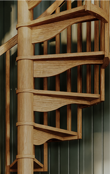 Carpenter spiral staircase continuous oak wood collar with stacked treads and spindle railing