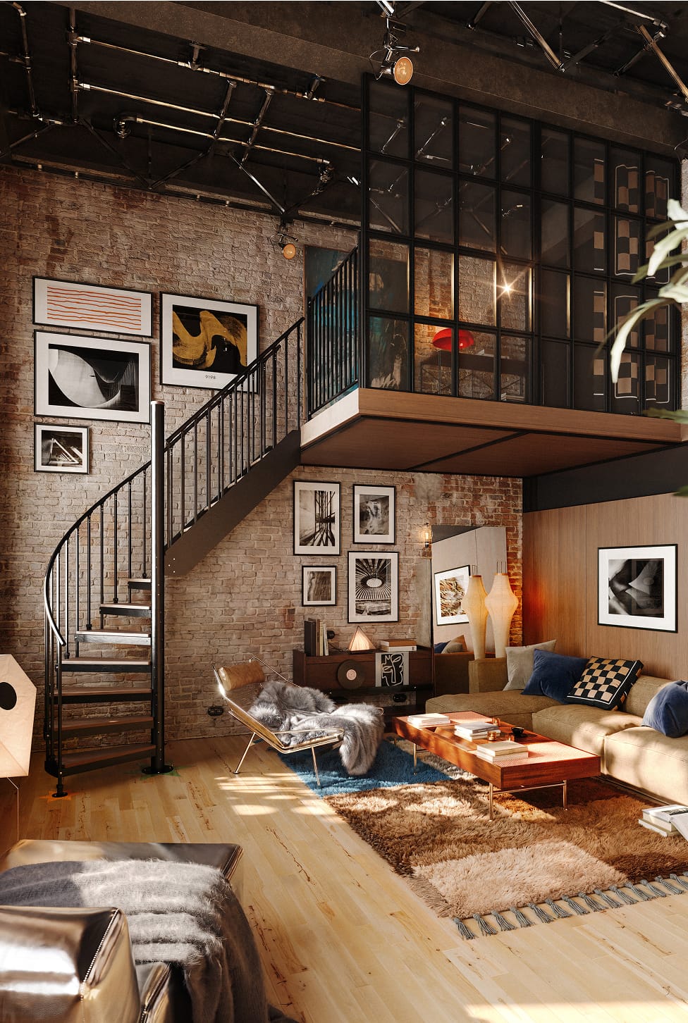 Combination staircase with wood treads and spindle railing rising to a loft in an industrial living space with exposed brick