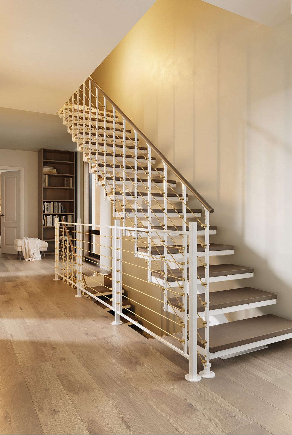 Floating staircase with open wood treads, white mono-stringer, and multi-line rod railing along a hallway wall.