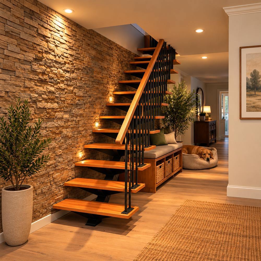 Floating staircase with wood treads and mono-stringer against a stacked stone accent wall in a home entryway