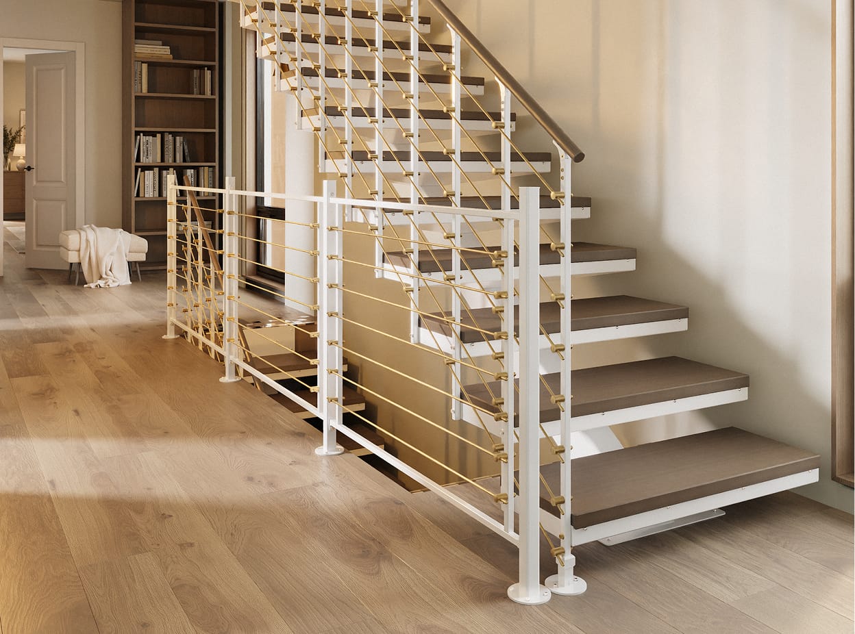 Floating staircase with open wood treads, white mono-stringer, and multi-line rod railing along a hallway wall.