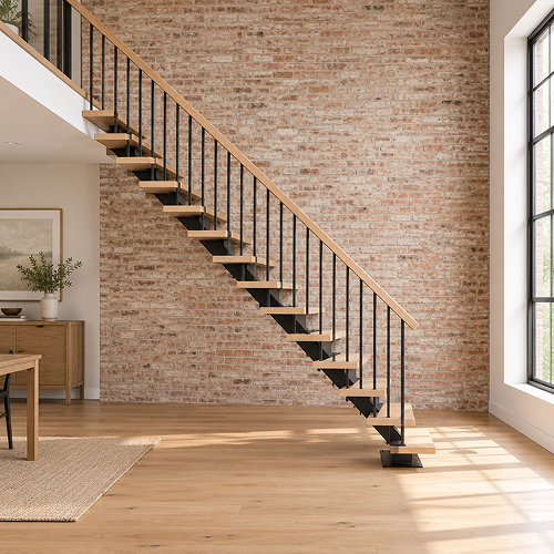 Floating staircase with wood treads and black metal spindles against an exposed brick wall