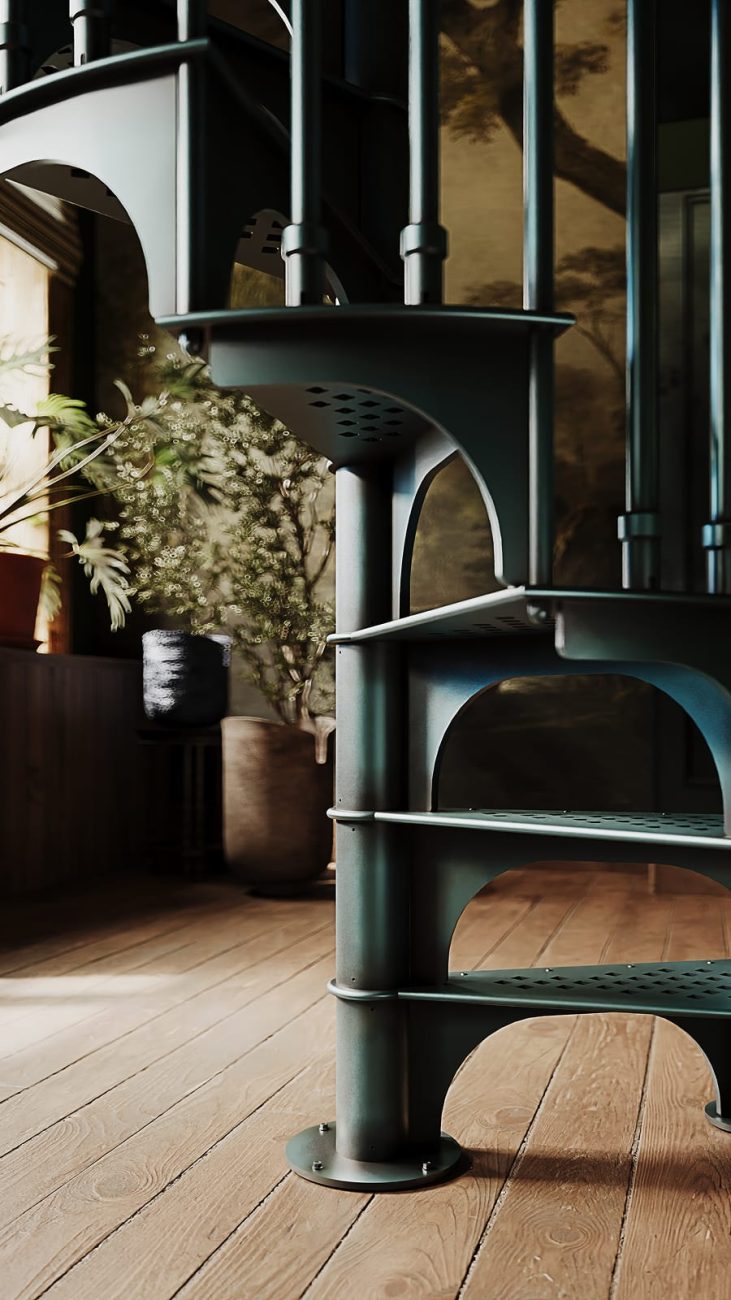Close-up of a dark green spiral staircase with perforated steel treads and arched bracket supports on a wood deck