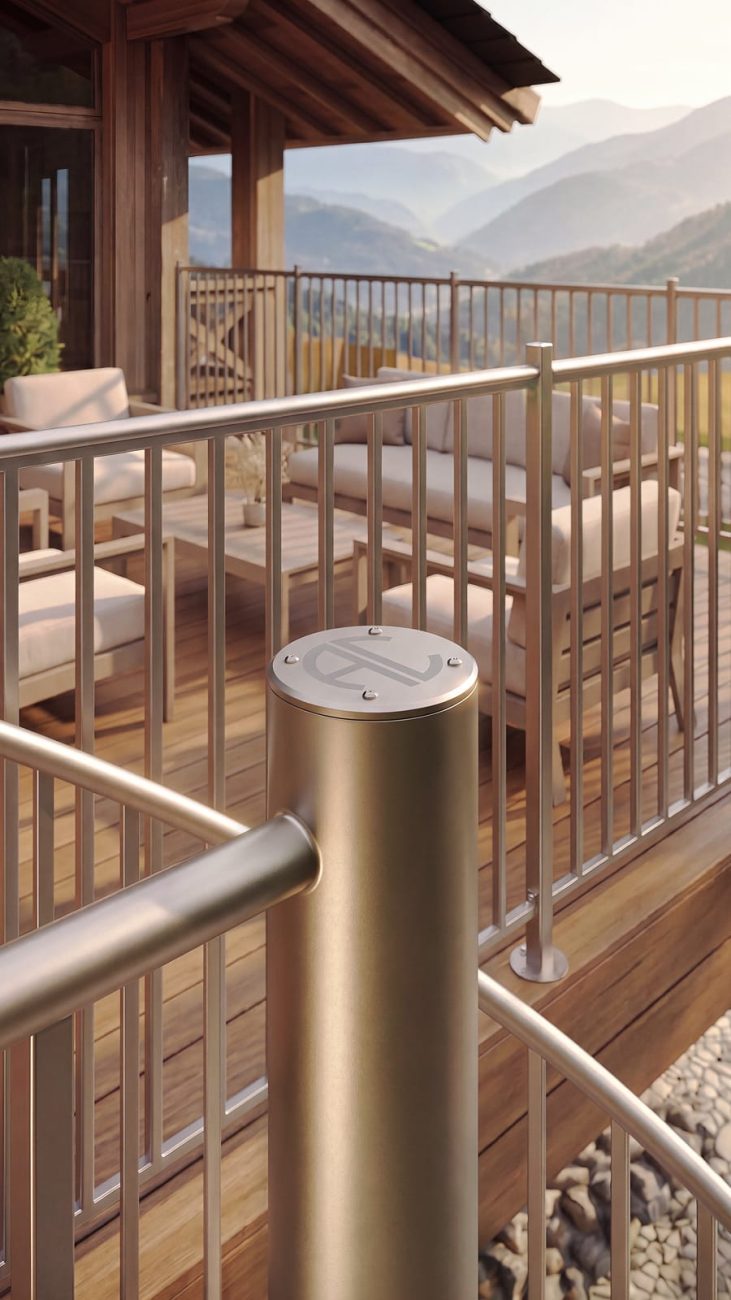 Close-up of an engraved monogram post cap on a metal deck railing overlooking mountain views
