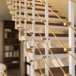 Close-up of a floating staircase's multi-line rod railing