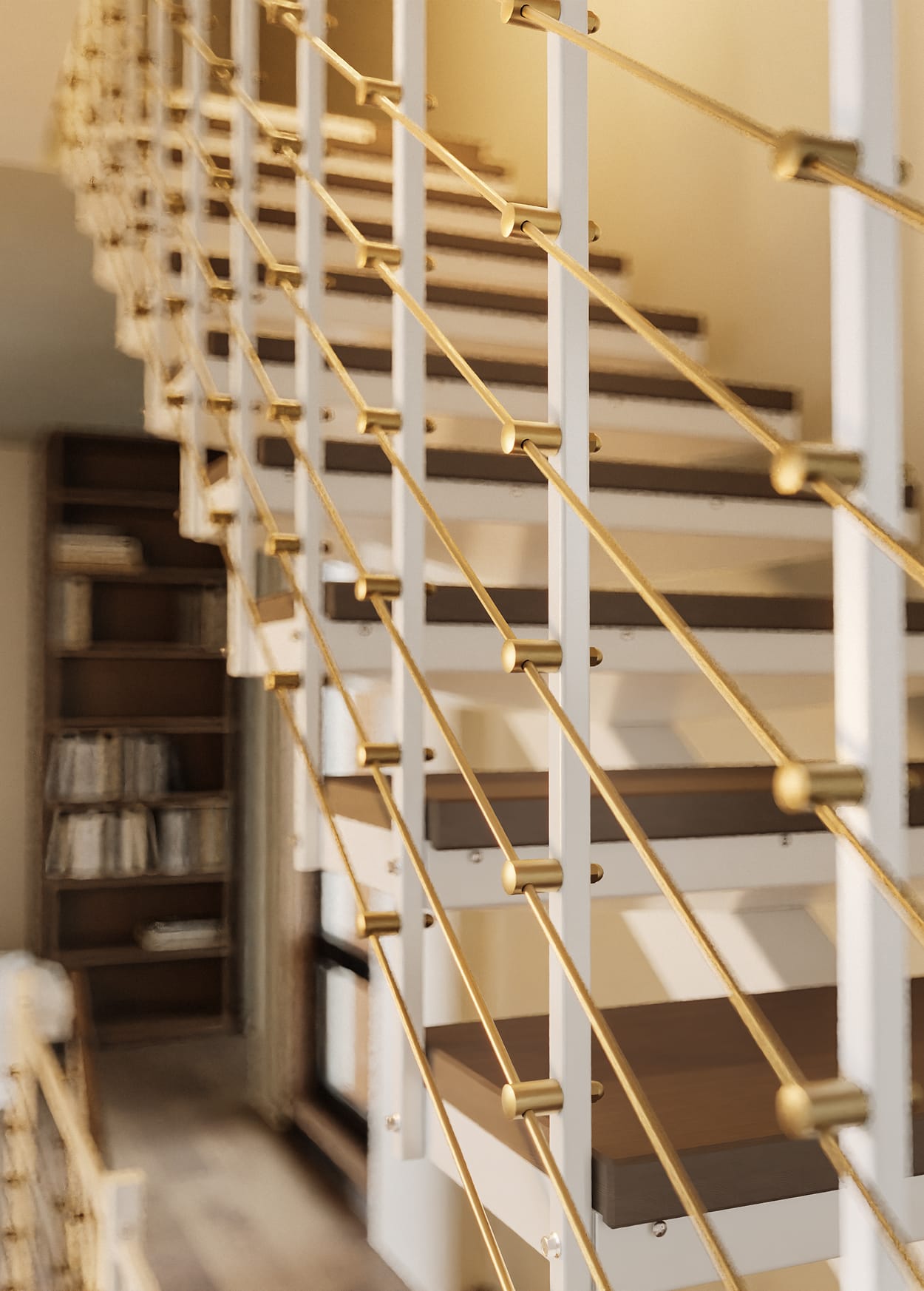 Close-up of a floating staircase's multi-line rod railing