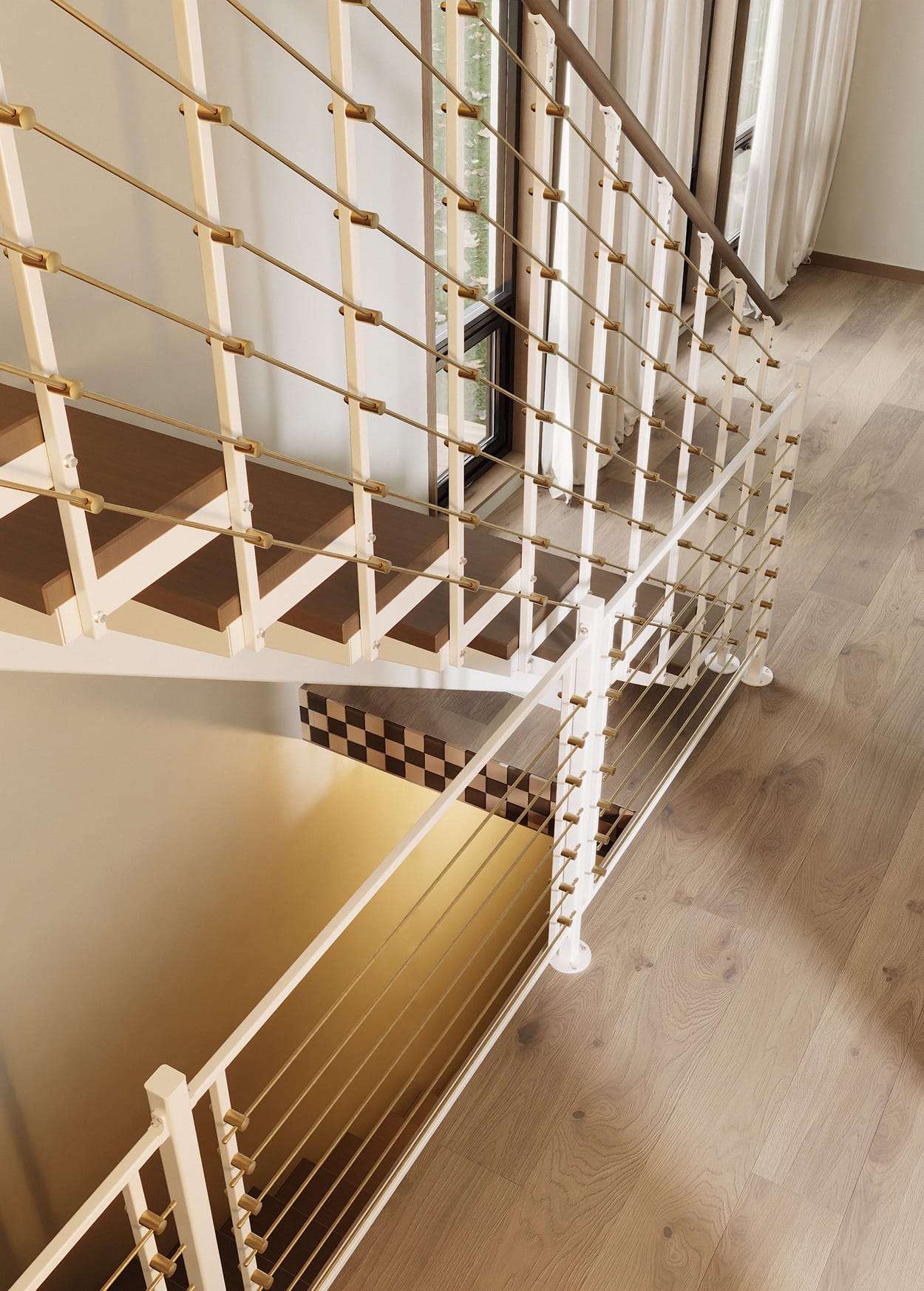 Closeup of a floating staircase with open wood treads and multi-line railing