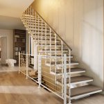 Floating staircase with open wood treads, white steel frame, and multi-line rod railing in a light oak hallway
