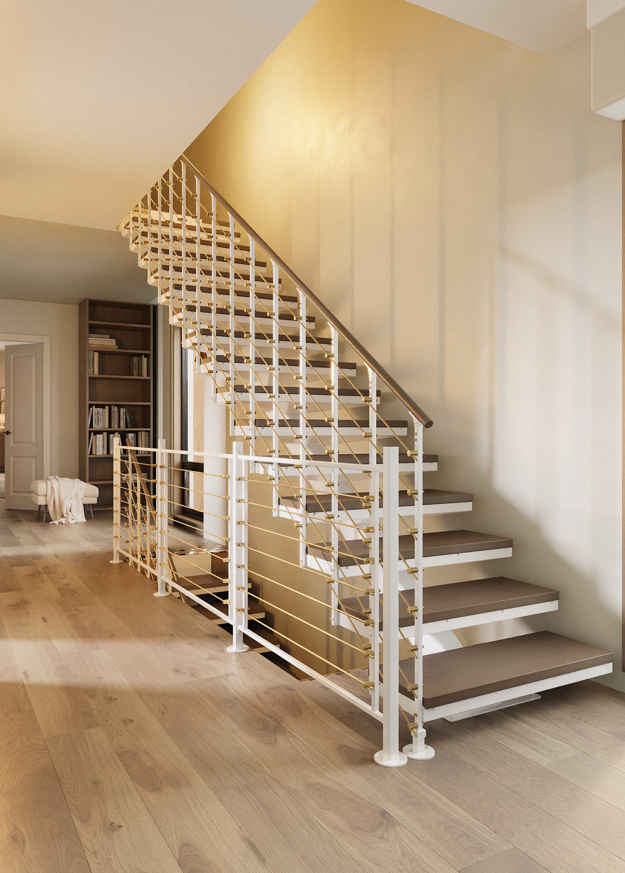 Floating staircase with open wood treads, white steel frame, and multi-line rod railing in a light oak hallway