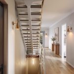 View behind an open-tread floating staircase