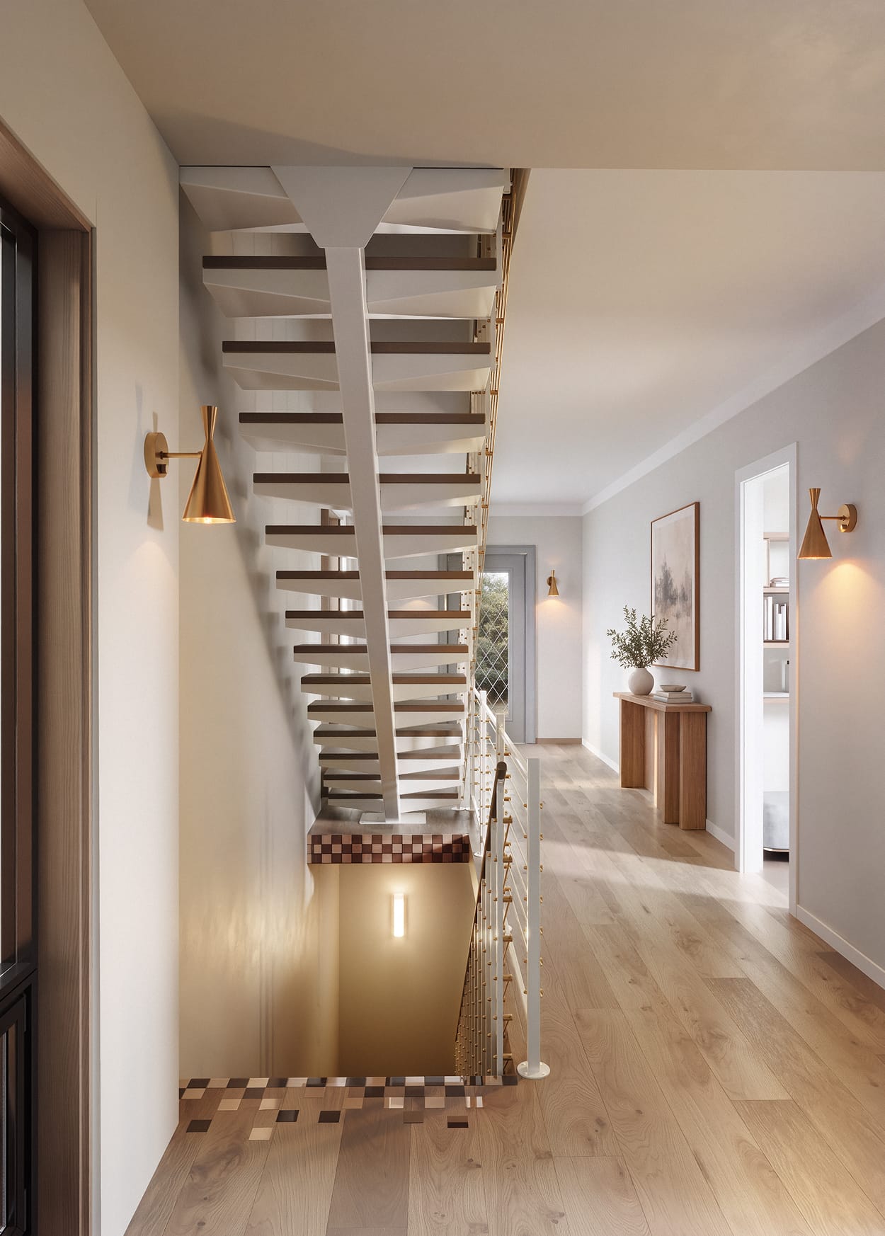 View behind an open-tread floating staircase
