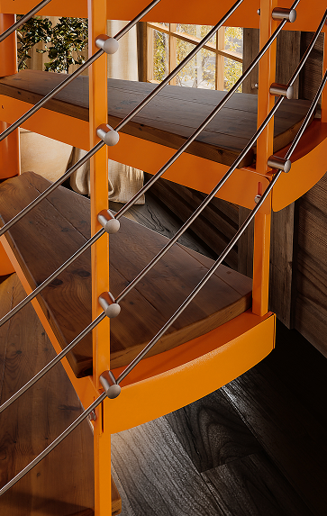 Multi-Line spiral staircase detail in an orange painted finish with wood treads