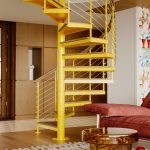 Multi-Line spiral staircase in a yellow painted finish with wood treads in a modern living room