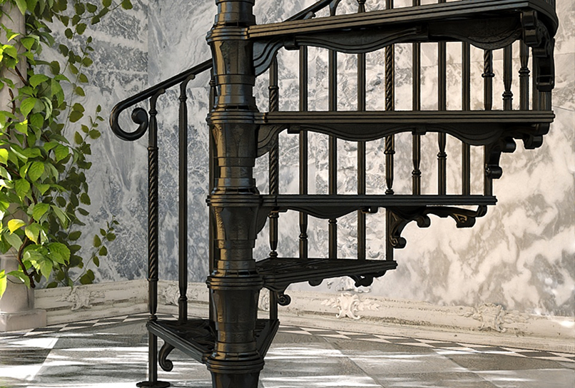 Ornate black metal spiral staircase against a marble wall with a checkered marble floor