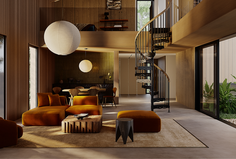 Black metal spiral staircase with wood handrail in a wood-paneled living room with a loft above