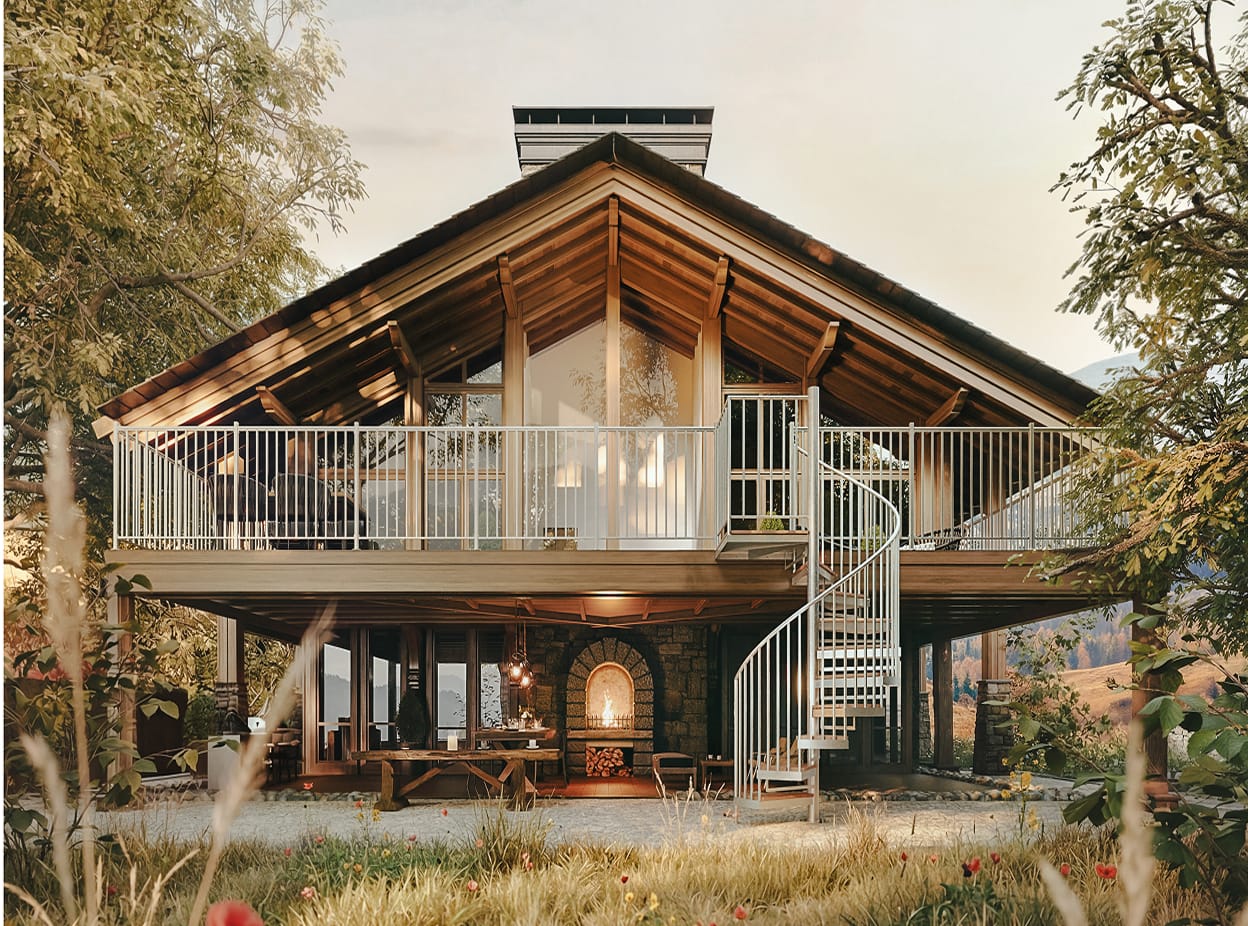 Outdoor spiral staircase in a white finish connecting a covered patio to an upper deck