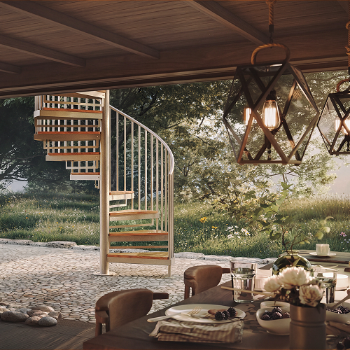 Outdoor spiral staircase in a white finish with wood treads under a covered patio