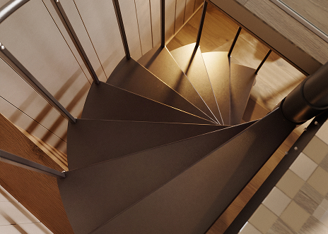 Half turn spiral staircase with bronze treads and spindles, viewed from above