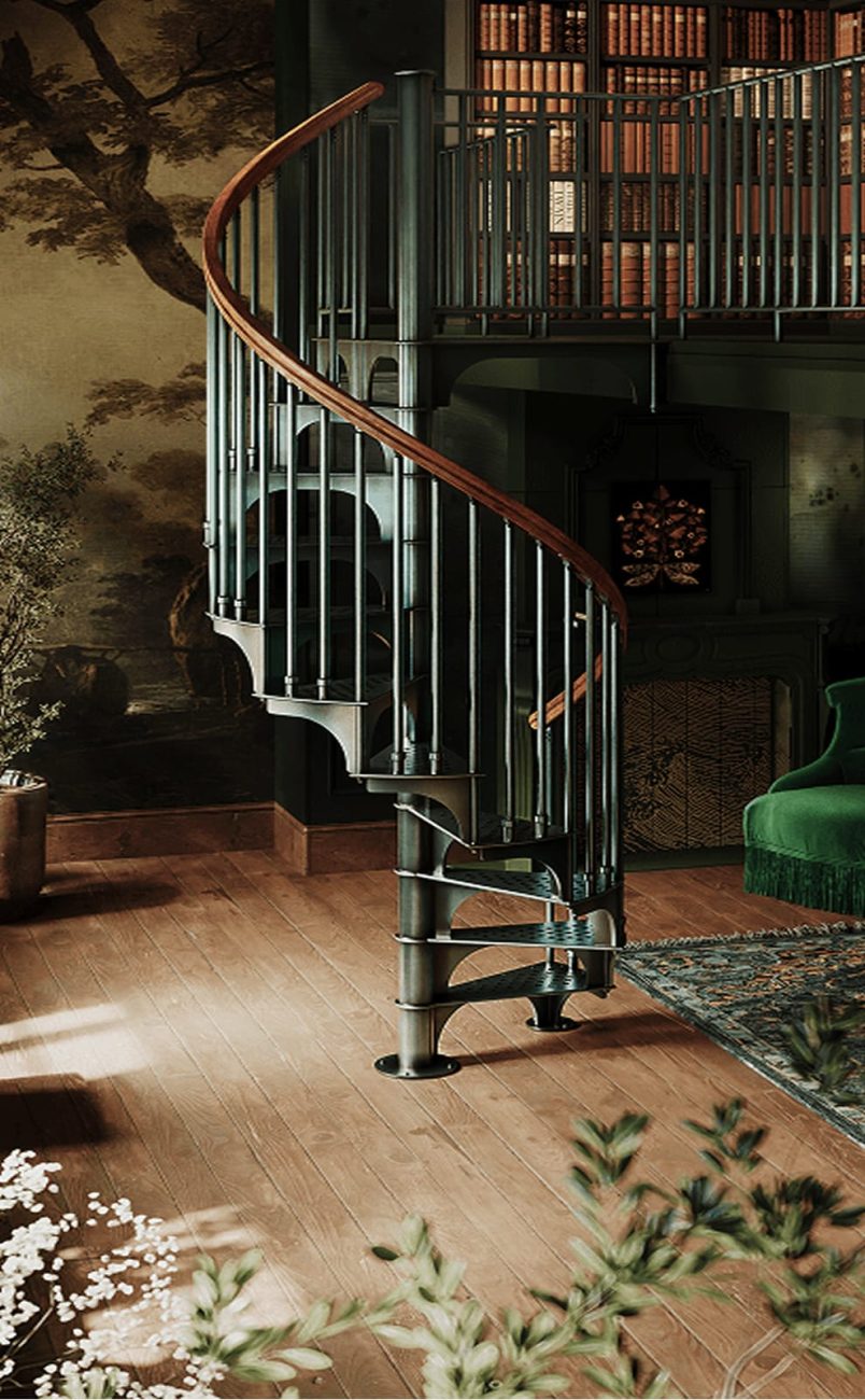 American Industrial spiral staircase with a wood handrail in a home library