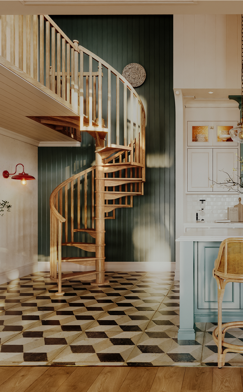 Carpenter wood spiral staircase connecting a loft to a living area