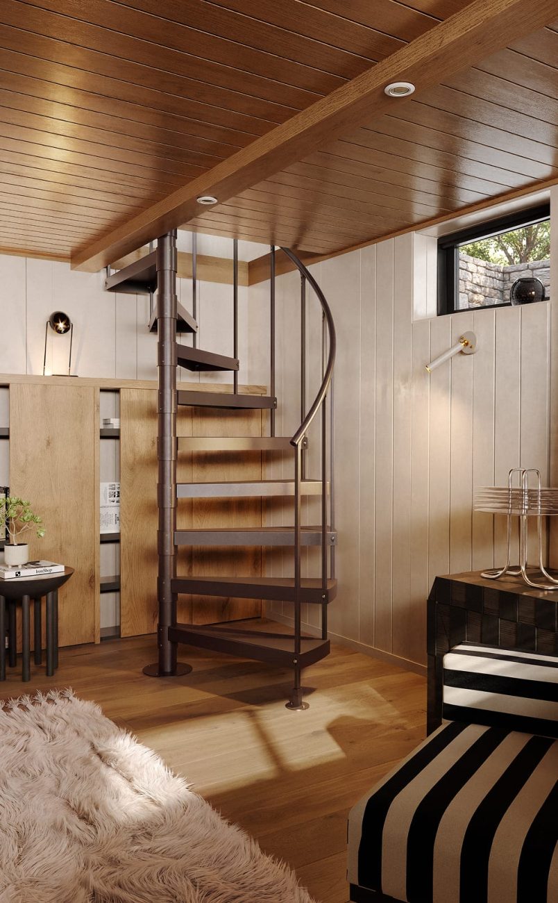 Half Turn spiral staircase in a wood-paneled den