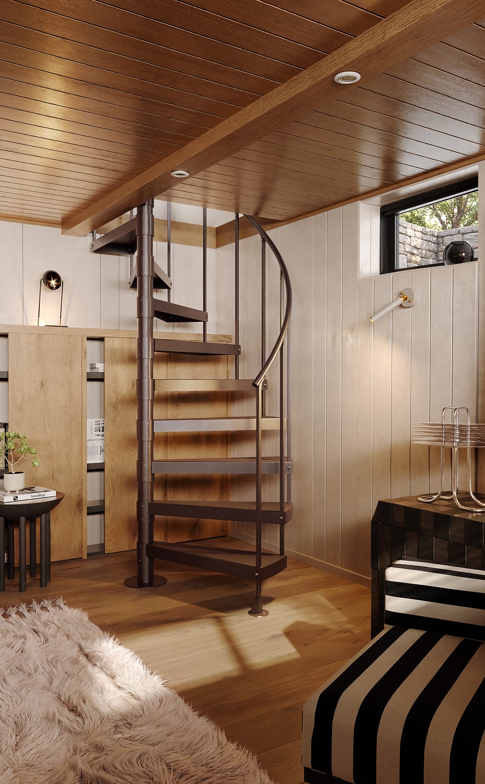 Half Turn spiral staircase in a wood-paneled den