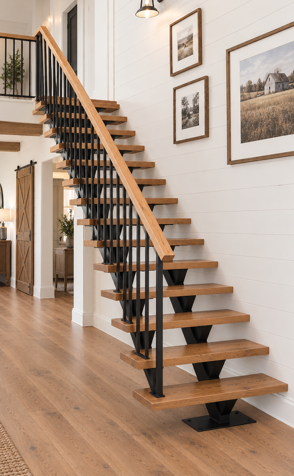 Standard floating staircase with a wood handrail and single stringer