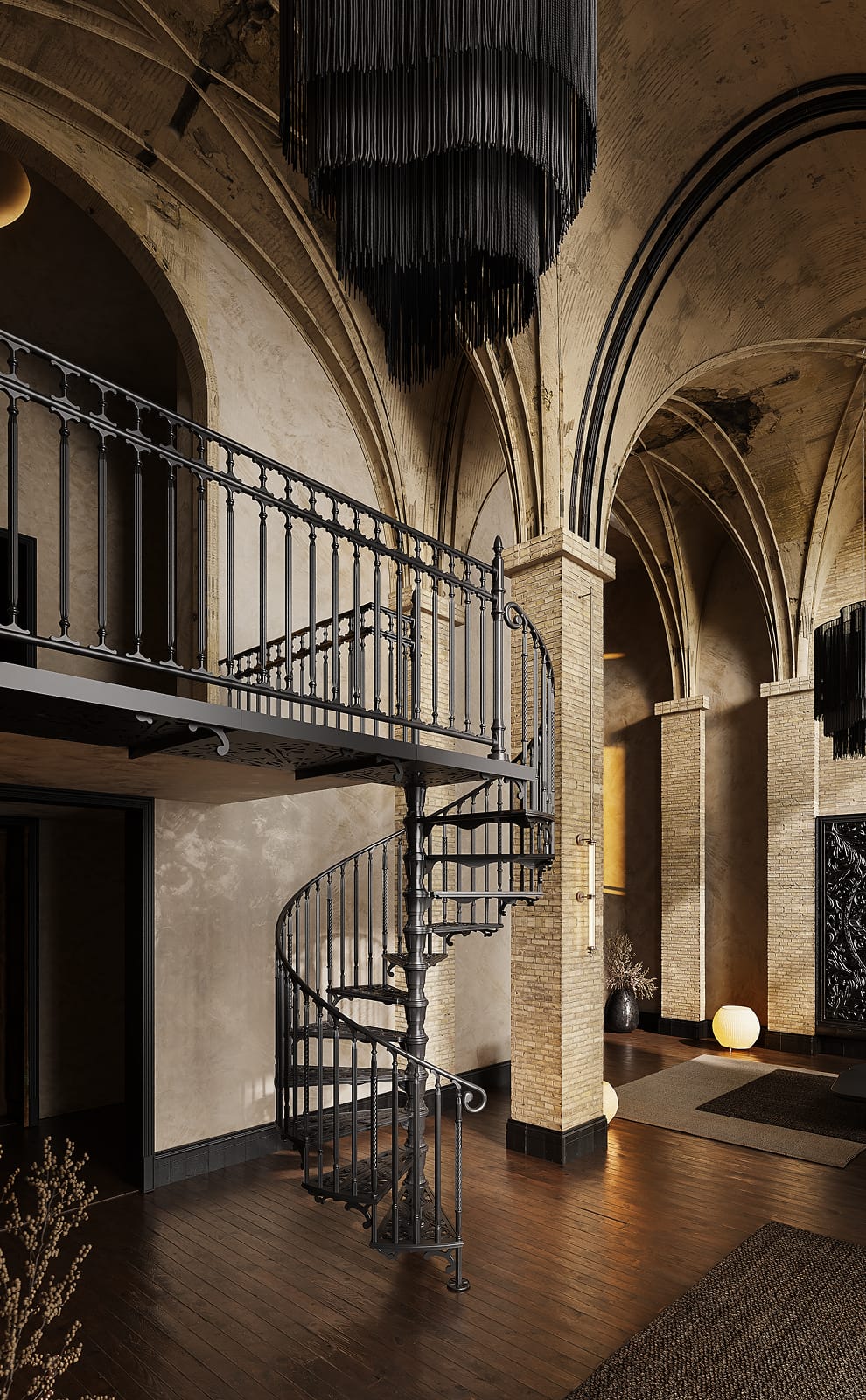 Victorian spiral staircase with ornate metal detailing in an arched interior