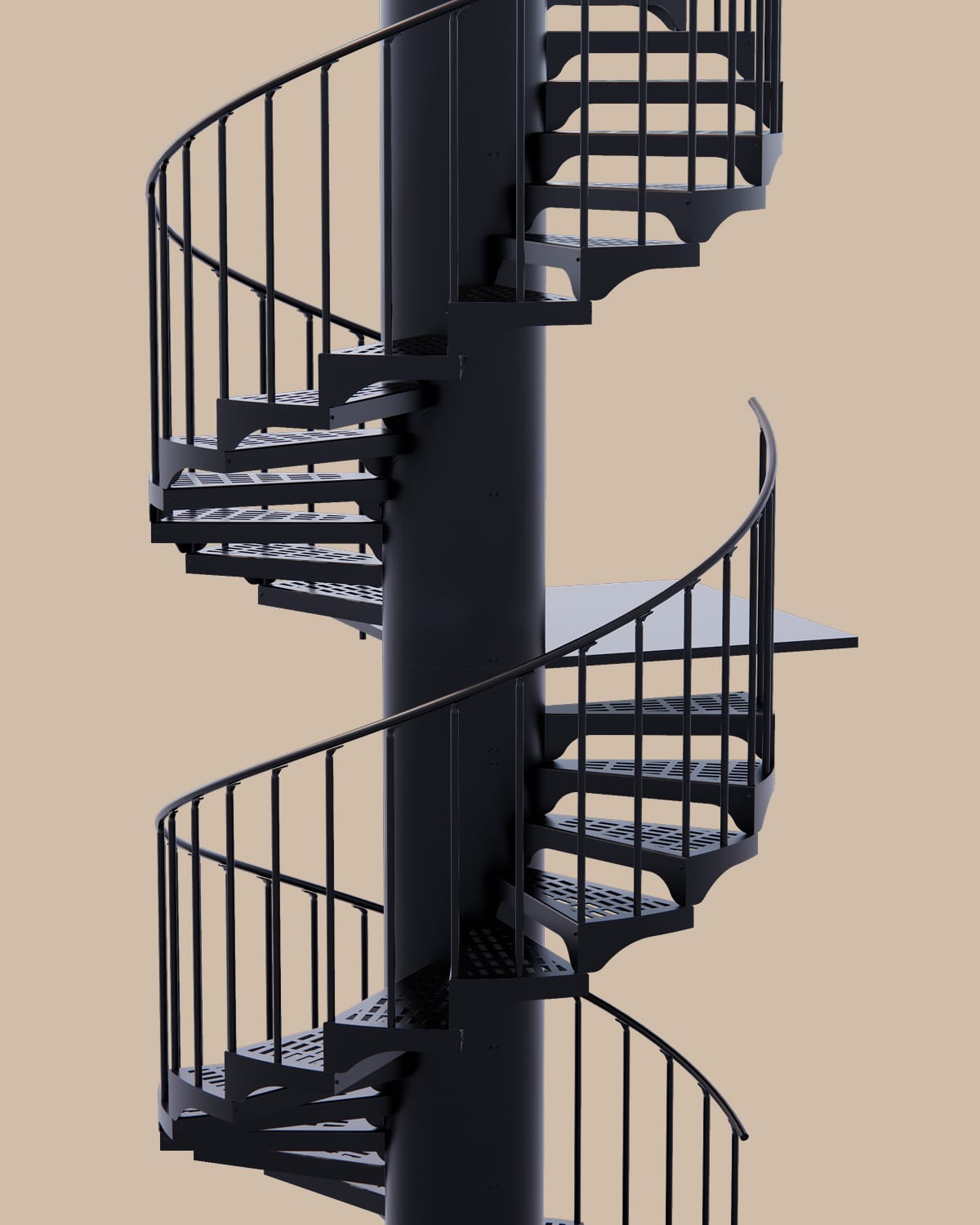 Rendering of a black steel spiral staircase with straight spindle railings and perforated metal treads, wrapping a central support pole with a square landing platform, on a plain tan background