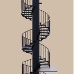 Rendering of a tall black steel spiral staircase with straight spindle railings and perforated metal treads, winding continuously around a central pole through several landings, on a plain tan background