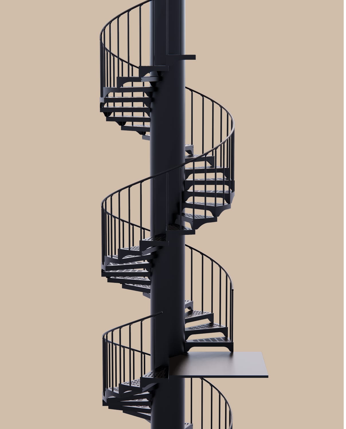 Rendering of a tall black steel spiral staircase with straight spindle railings and perforated metal treads, winding continuously around a central pole through several landings, on a plain tan background