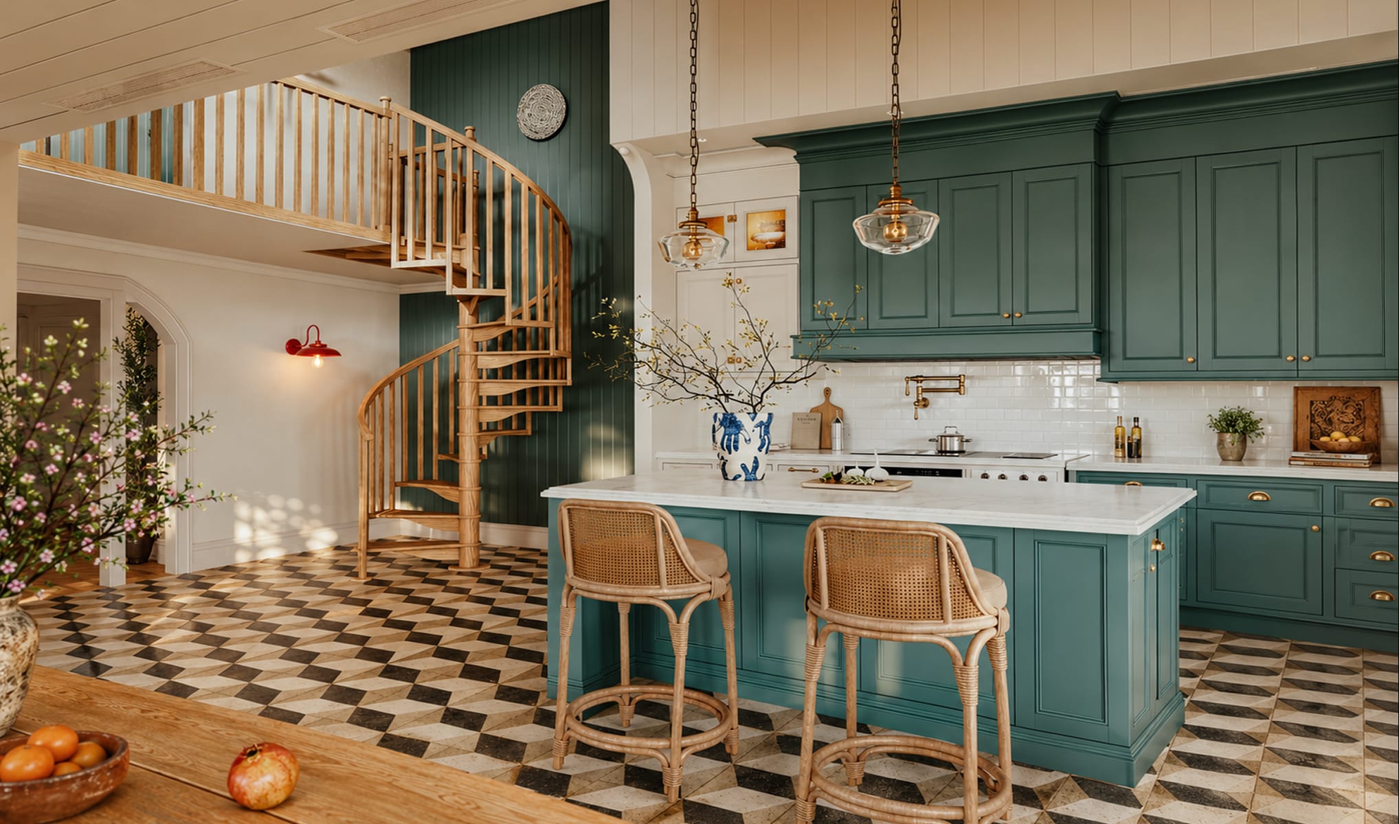 Carpenter Spiral series staircase leading to a loft above a kitchen with green cabinetry, checkered tile floor, and a marble island