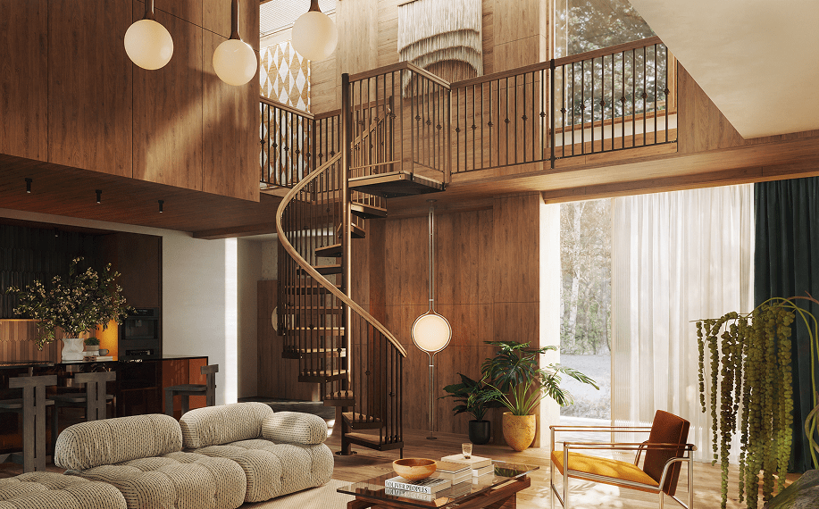 Indoor metal spiral staircase connecting a living room to an upper-level loft