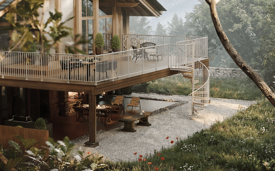 Metal spiral staircase providing outdoor access from a raised deck to ground level
