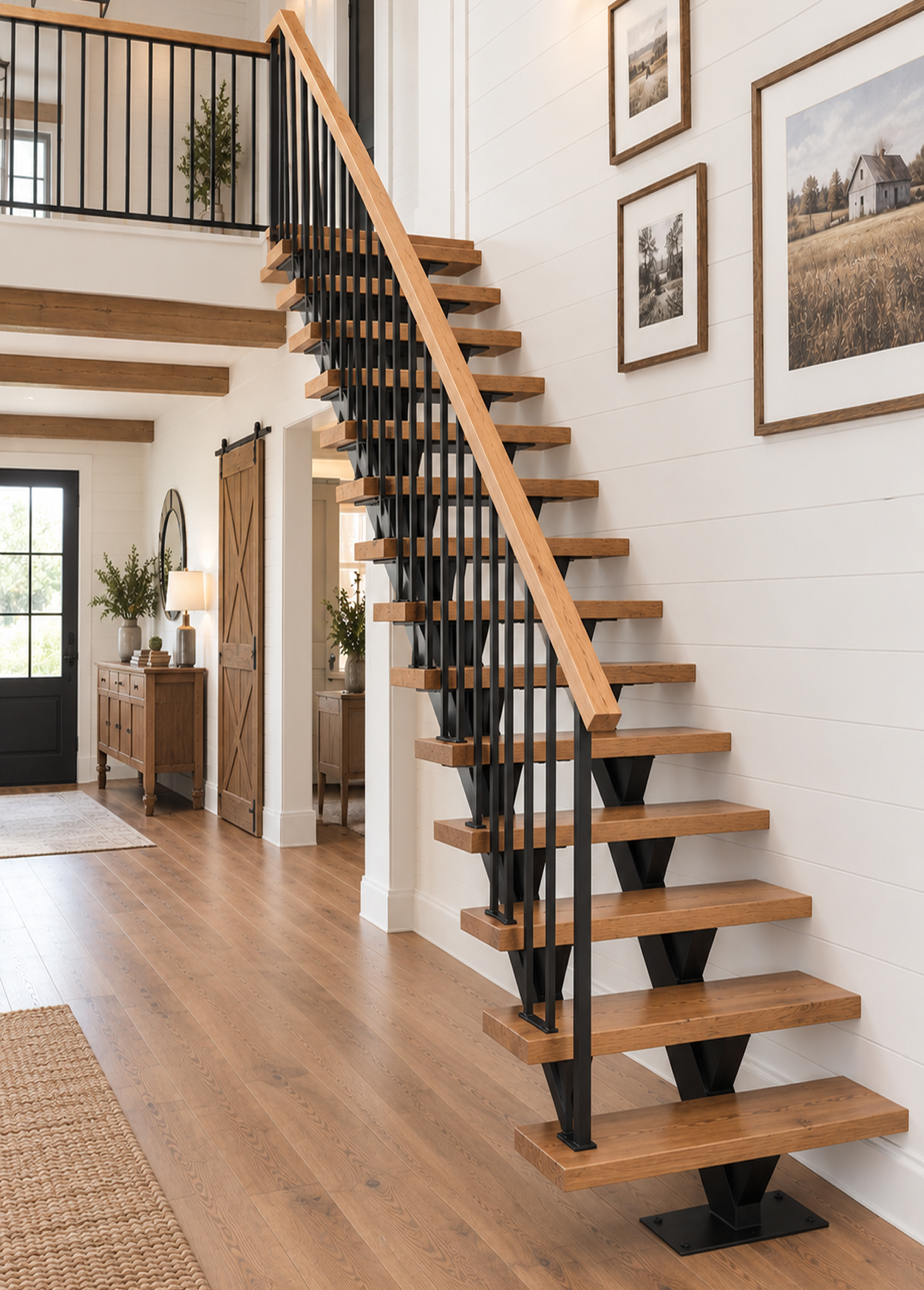 Standard floating staircase with wood treads and single stringer along a foyer wall
