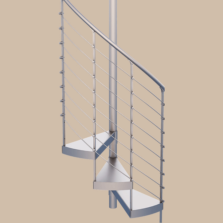 Multi-line rod railing in steel for spiral staircase