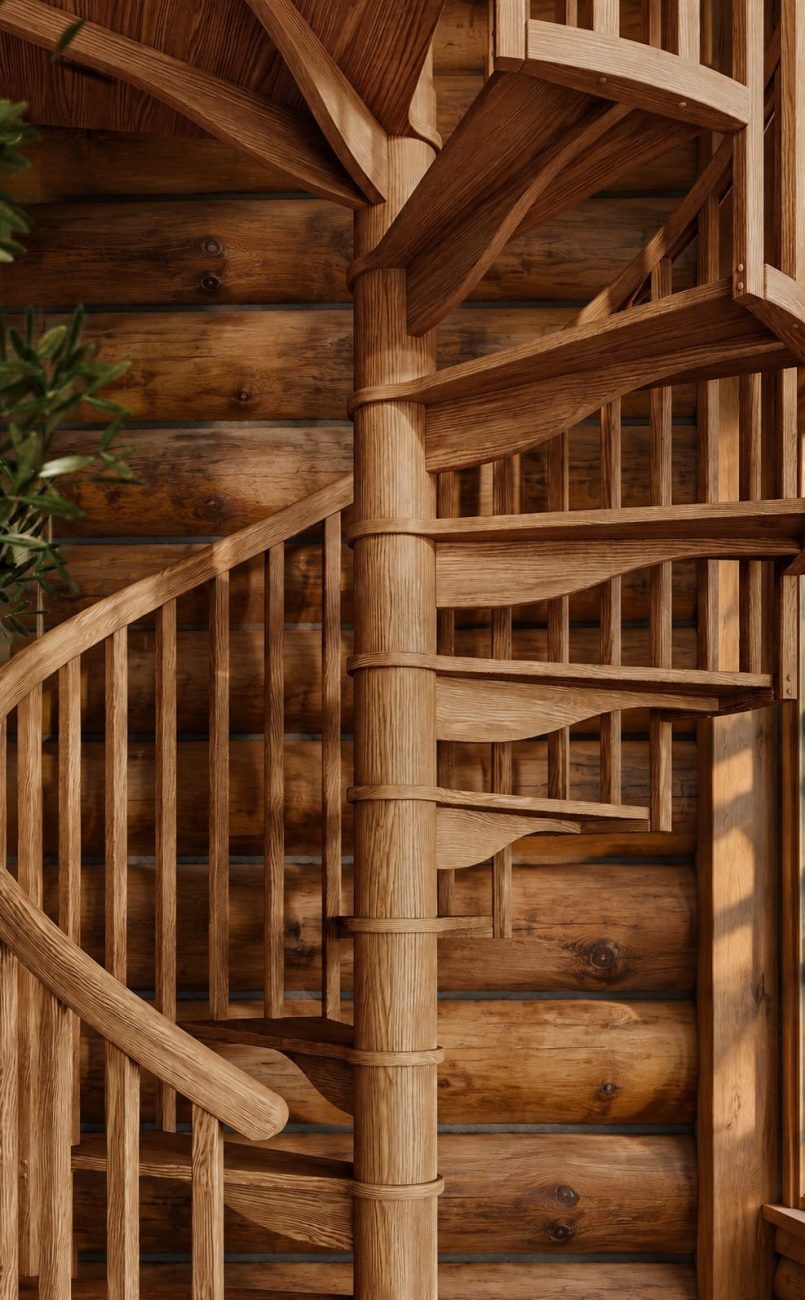 Wood spiral staircase with oak treads and spindles set against a rustic log cabin wall
